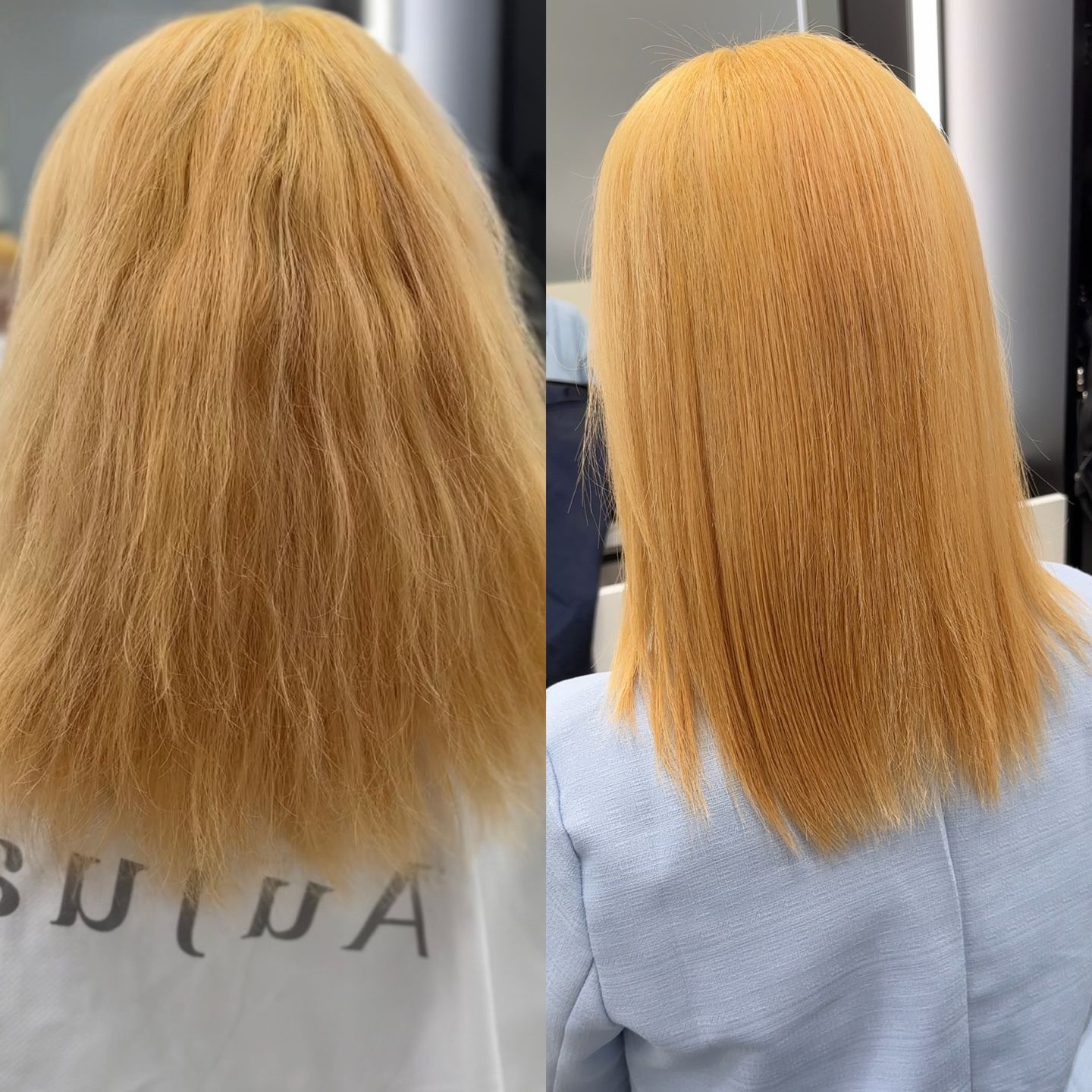 Before and after view of long blond hair, showing frizzy texture on the left and smoother straight hair on the right.