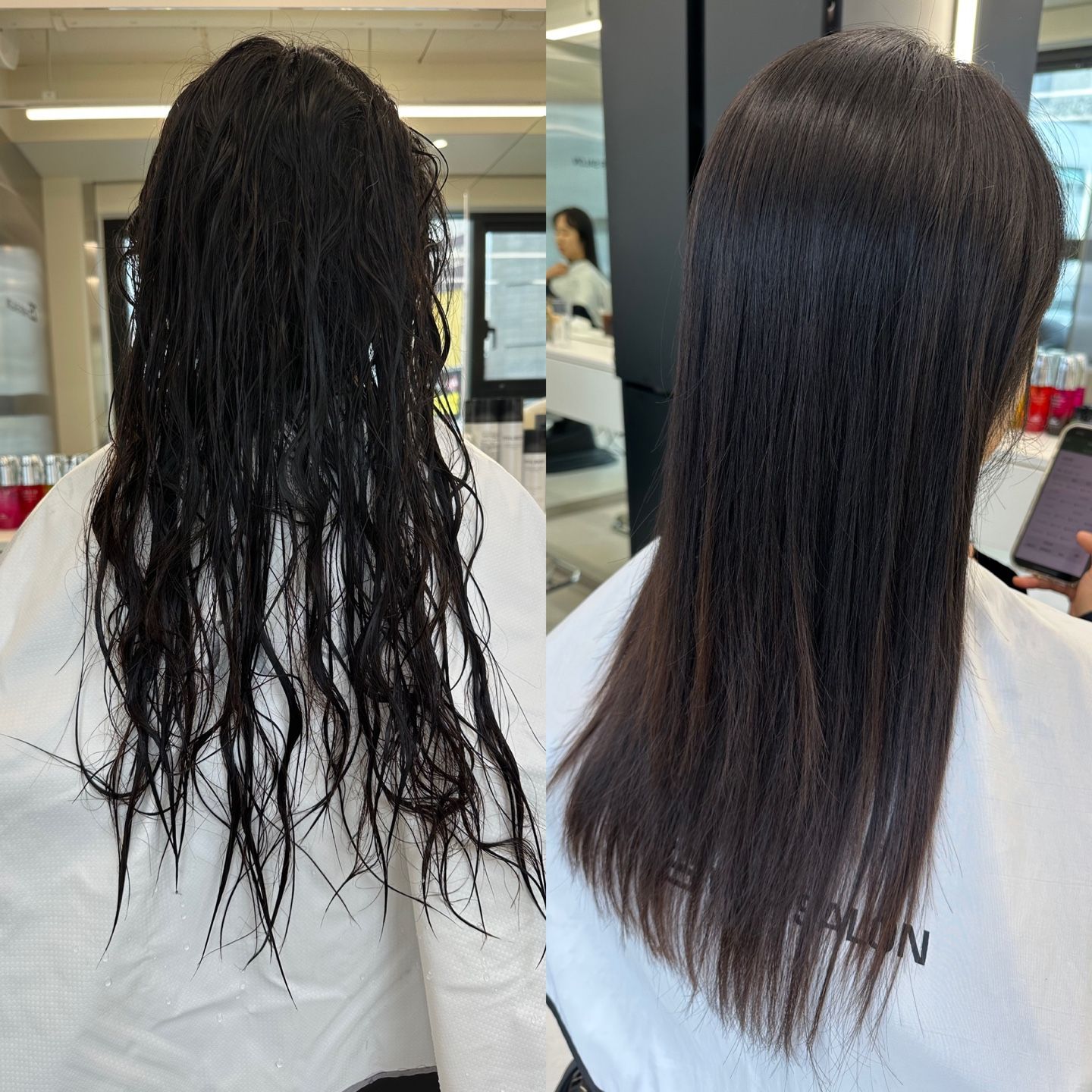 Side-by-side hair comparison: wet, wavy hair on the left and long, smooth straight hair on the right.