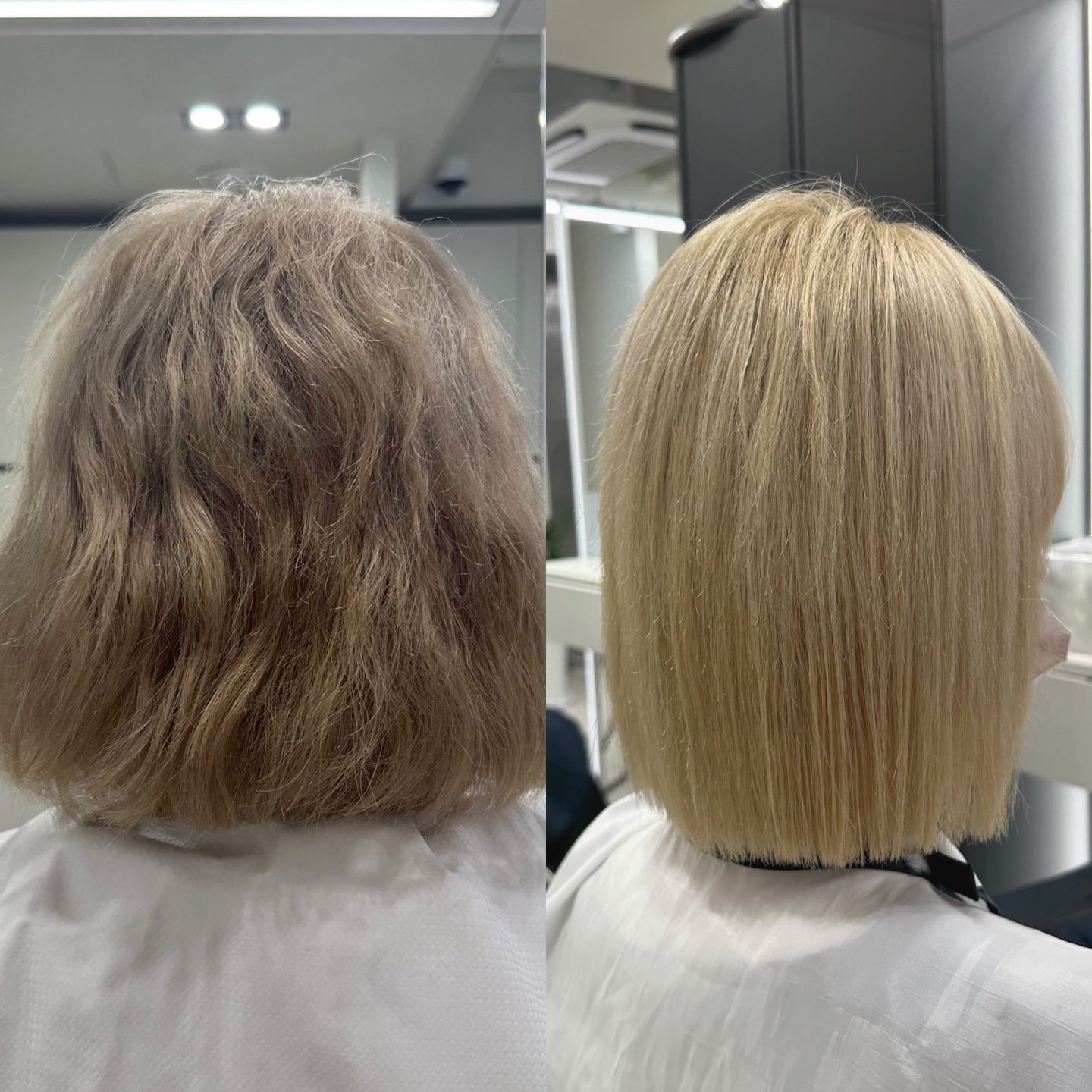Before-and-after hair makeover: frizzy brown bob next to smooth blonde bob in a salon.
