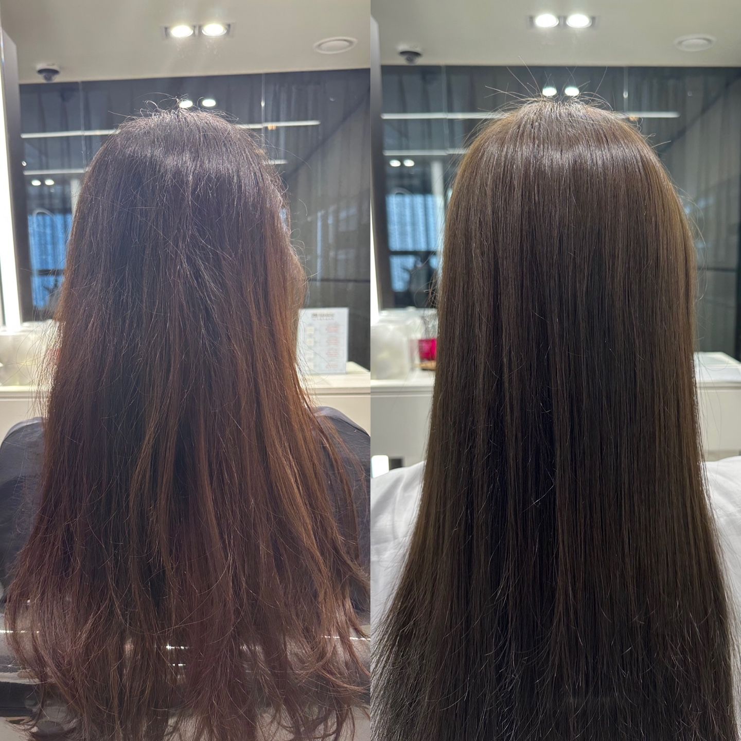 Side-by-side hair comparison: frizzy brown hair on the left, smooth dark hair on the right in a salon mirror.