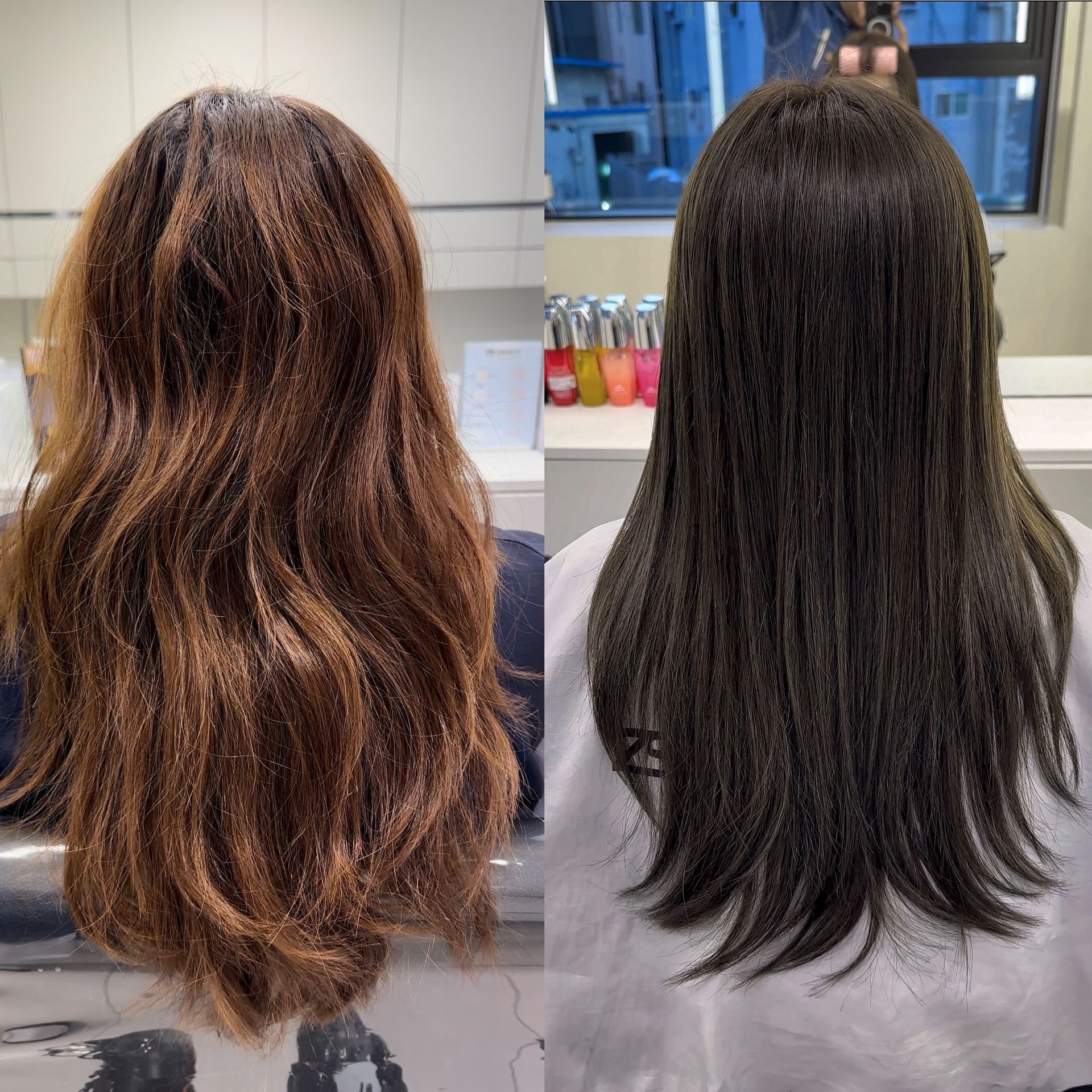 Before-and-after hair color comparison: wavy brown hair with highlights on left, sleek dark hair on right.