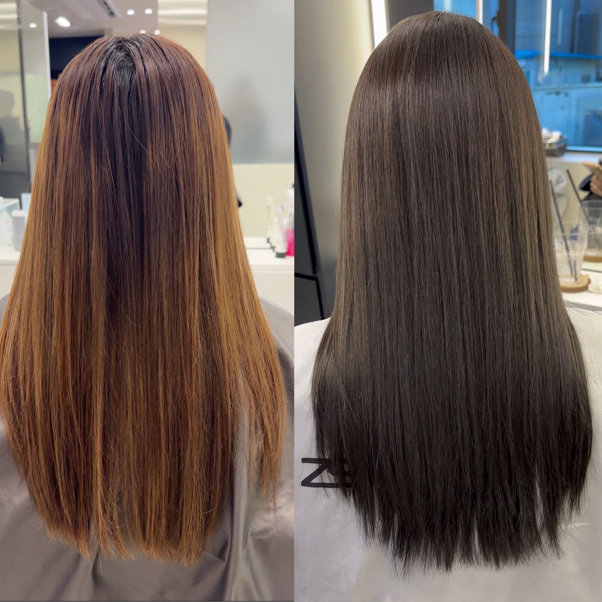 Before-and-after view of long straight hair: left brown with reddish highlights, right dark and smooth