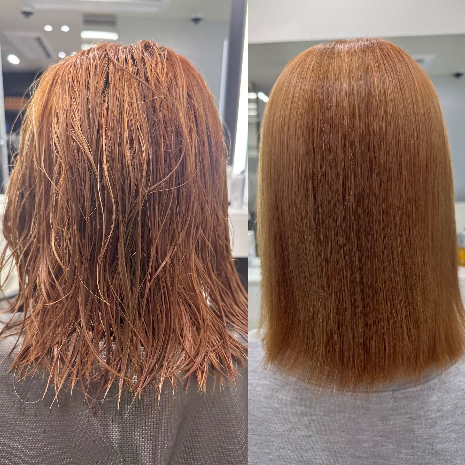 Before-and-after of wet, copper-colored hair showing a frizzy texture transformed into smooth, straight hair.