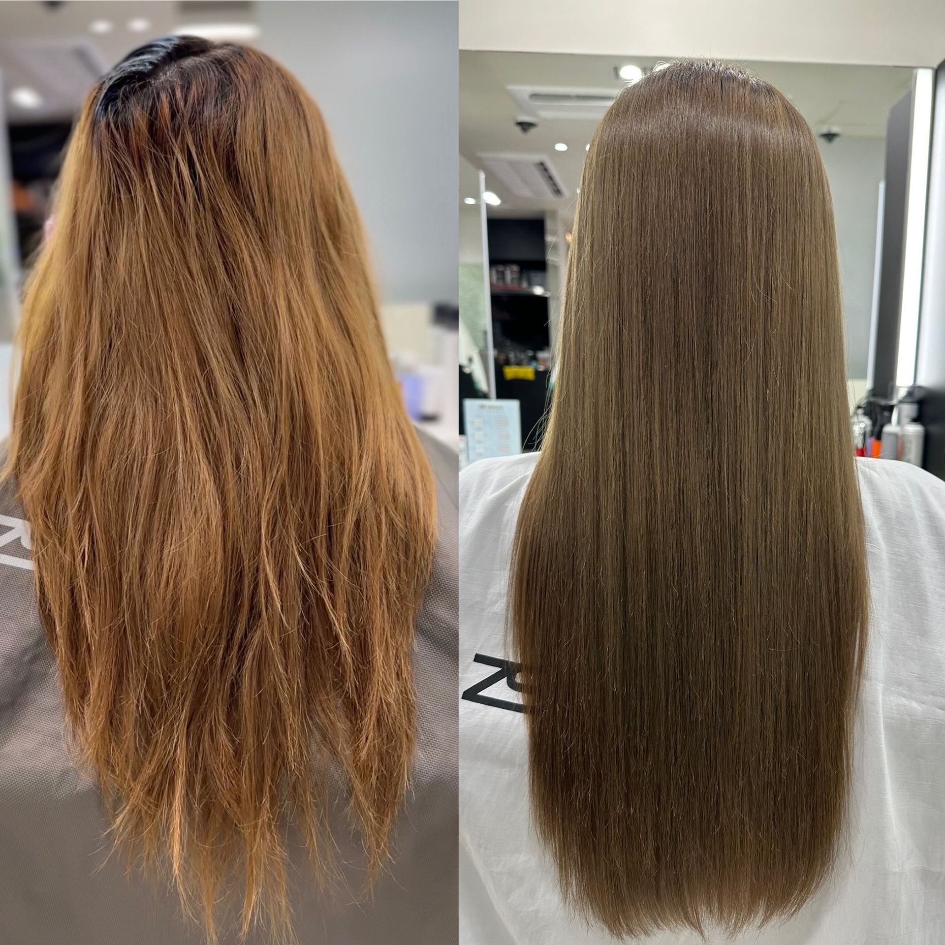 Hair transformation: frizzy brown hair before, smooth straight hair after in salon.