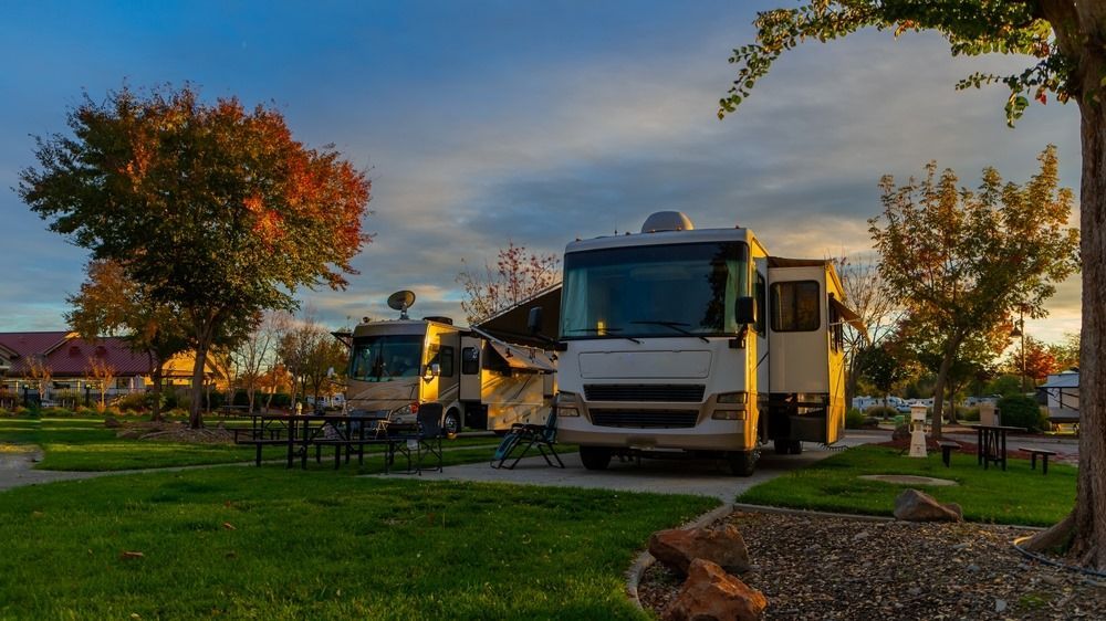 A Couple Of RVs Parked In A Park With Trees And Picnic Tables
