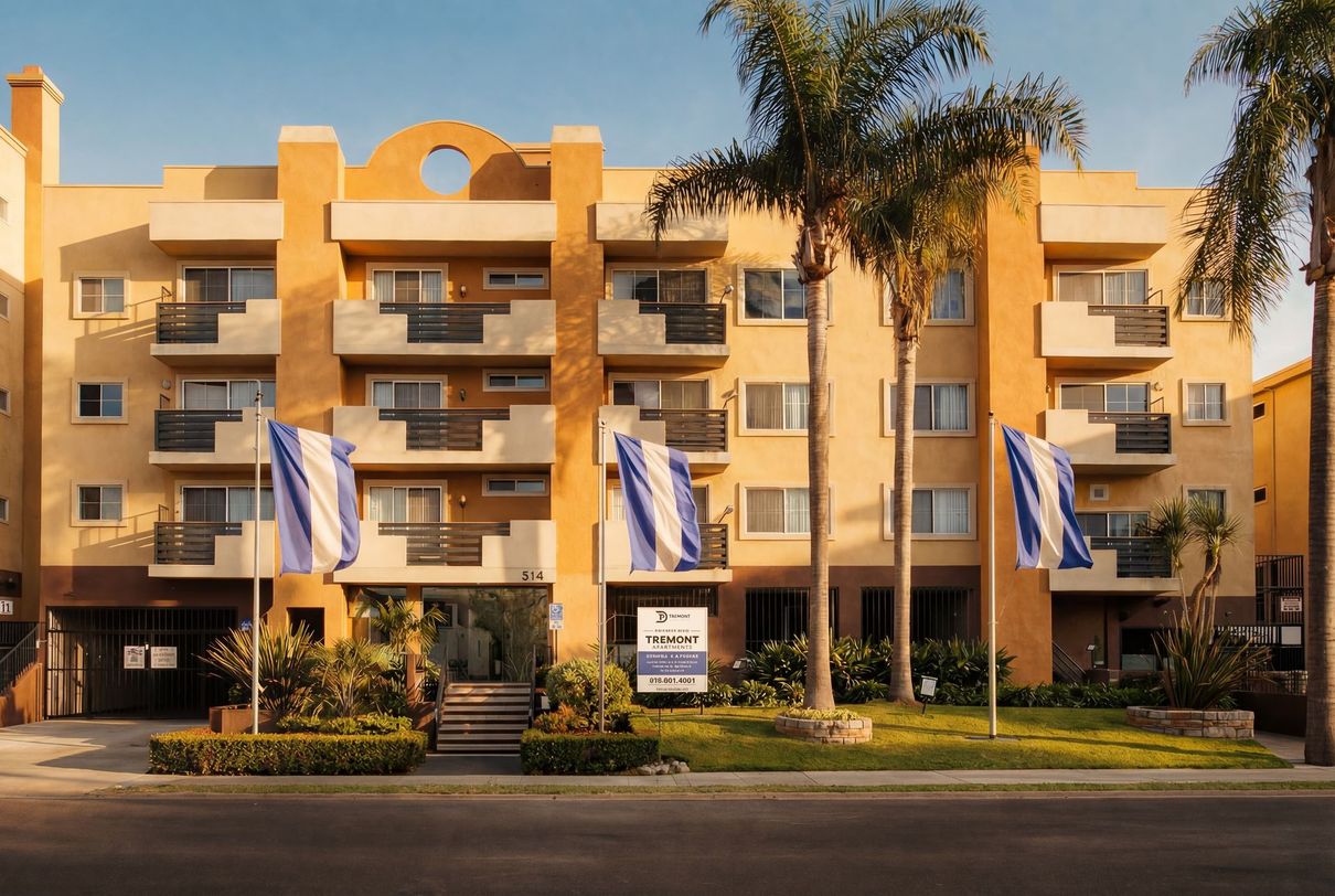 A tan multi-story apartment building with balconies, three vertical blue and white striped flags, and palm trees in front.