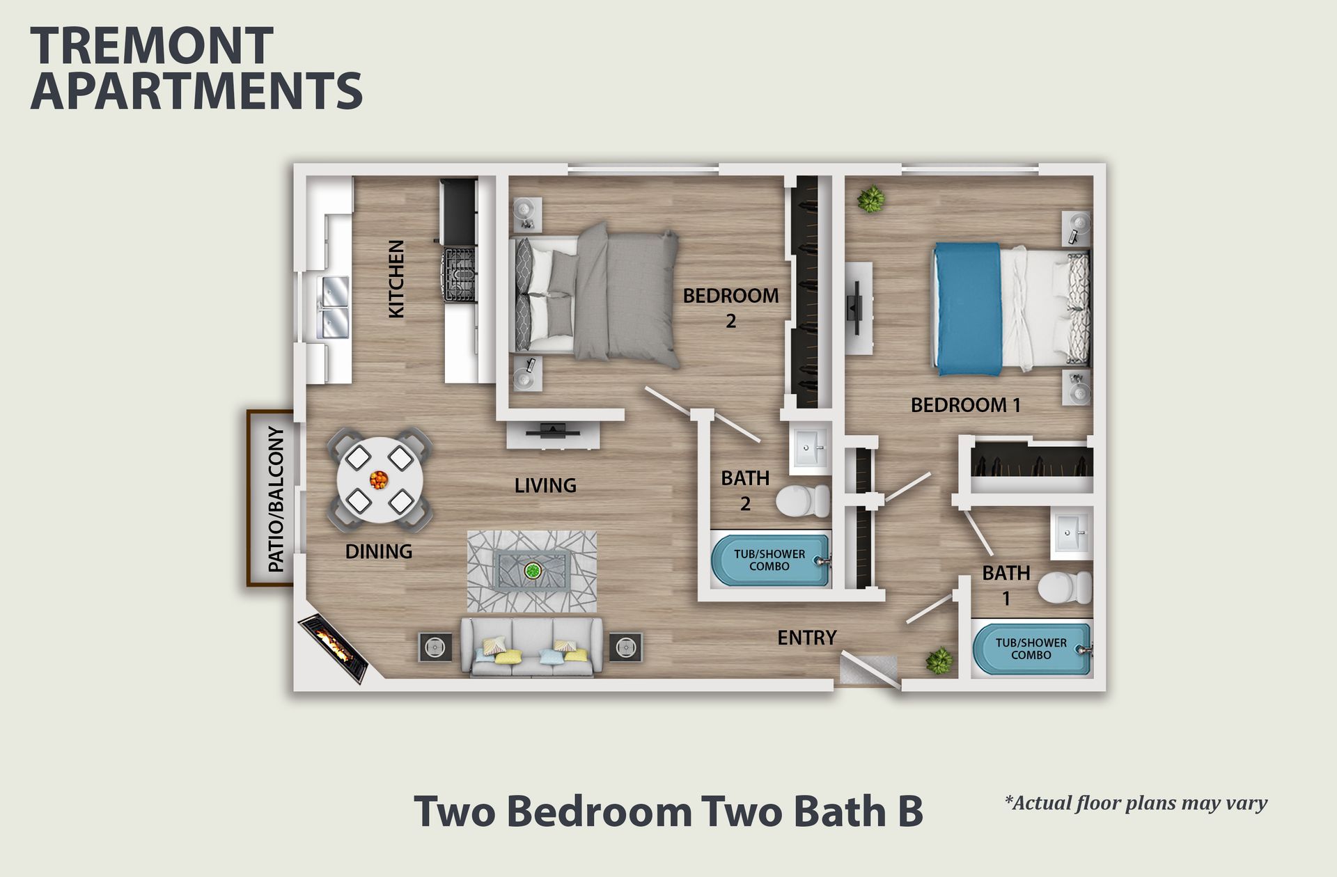 Top-down view of a small two-story apartment floor plan with bedroom, kitchen, bathroom, living area, and balcony.