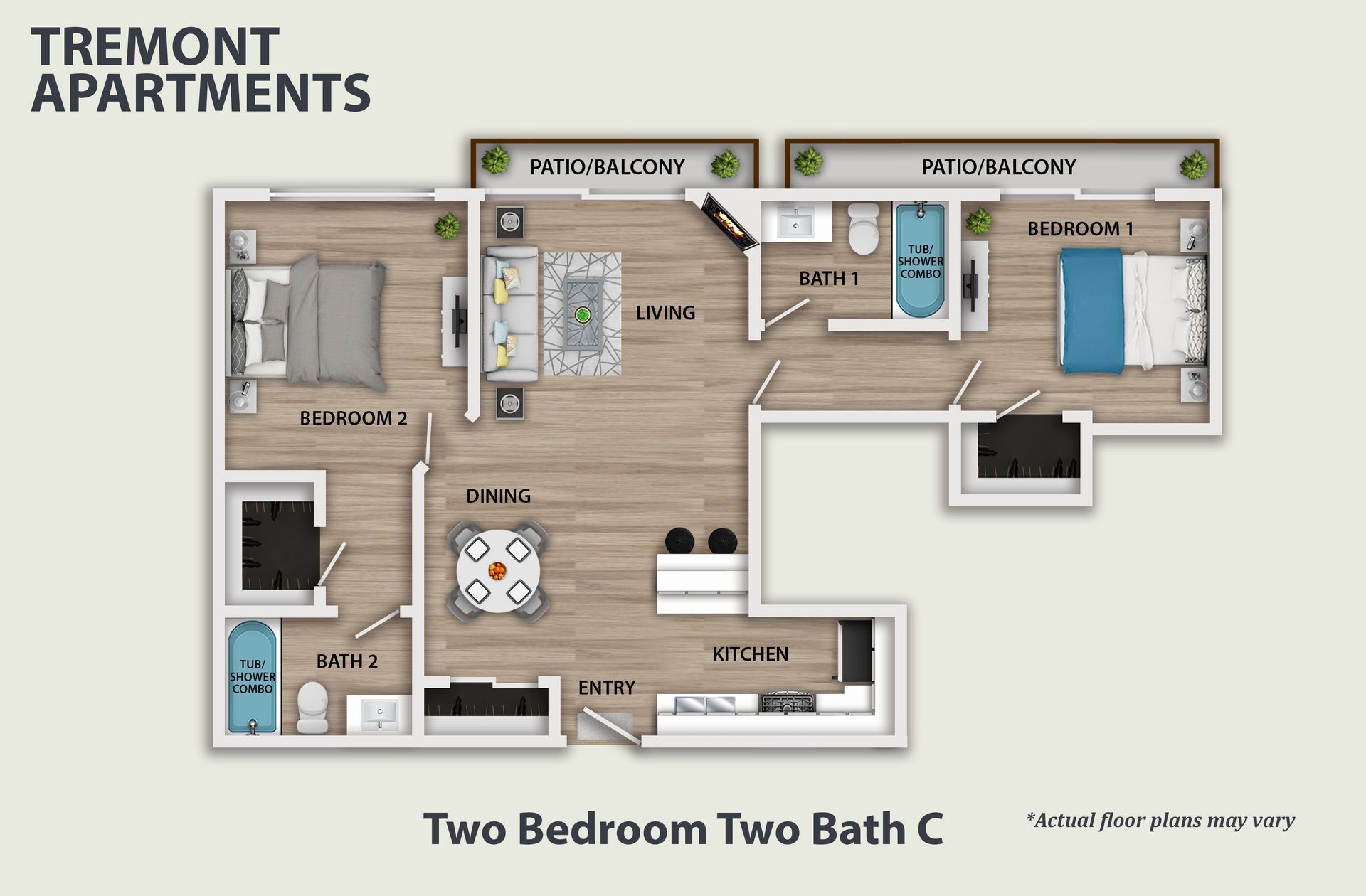 3D floor plan of a modern apartment with bedroom, kitchen, living area, bathroom, and balcony.