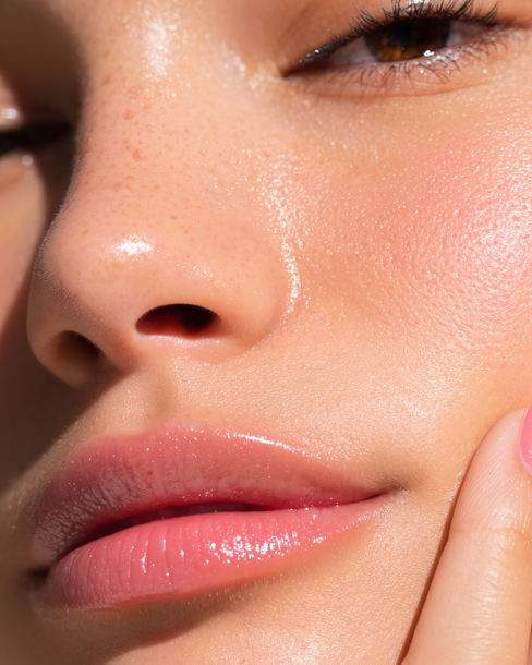 Close-up of a person's face with glowing skin, pink lips, and a hand touching their cheek.