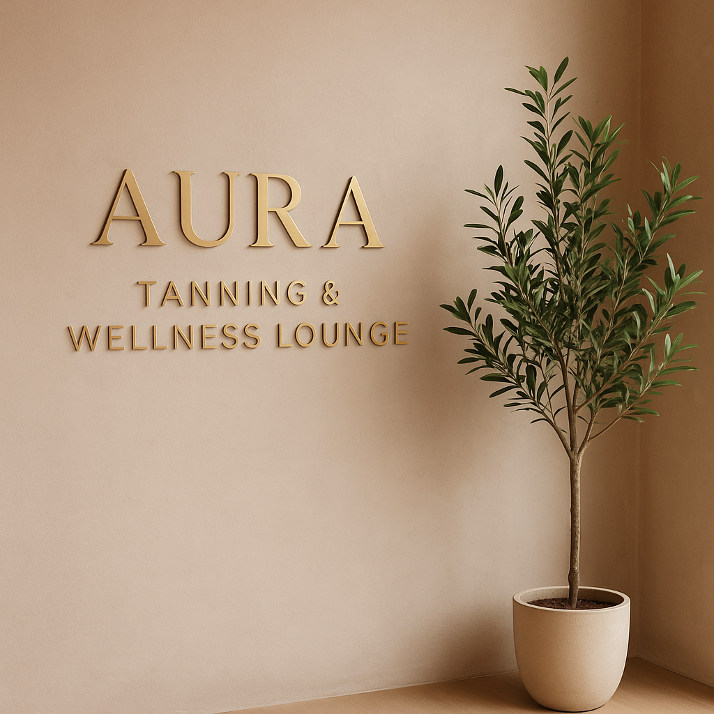 Gold lettering on a beige wall reads 