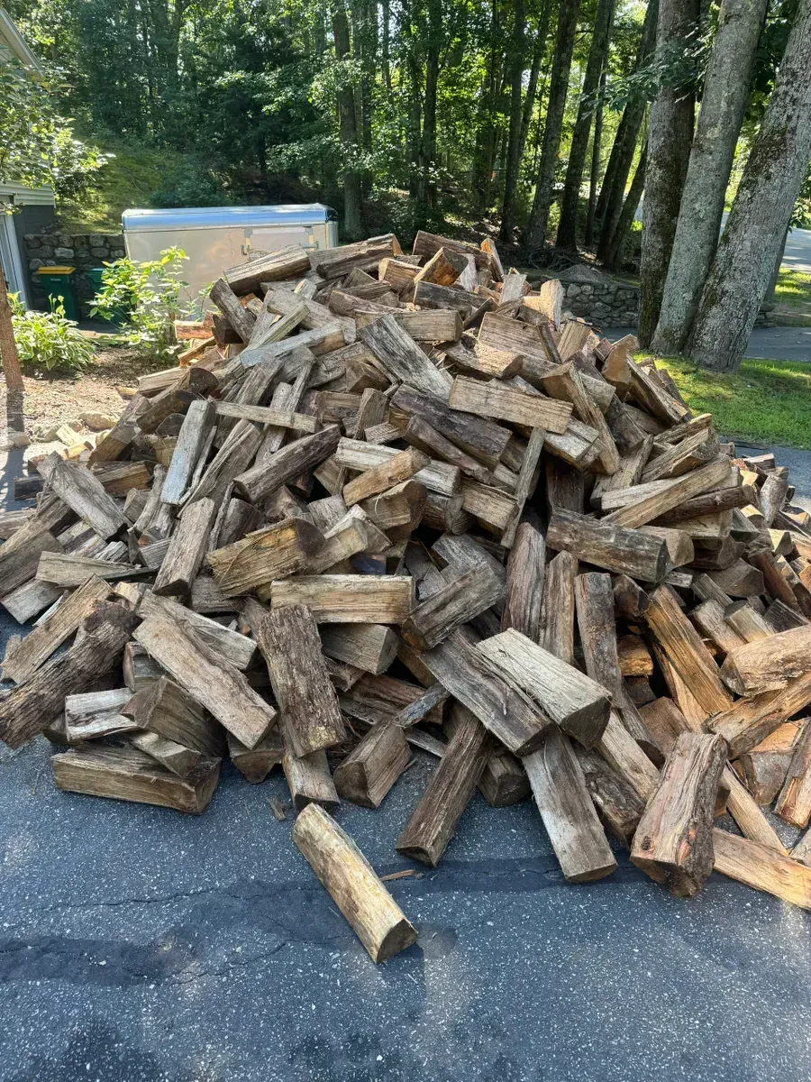 A pile of wood is sitting on the side of the road.