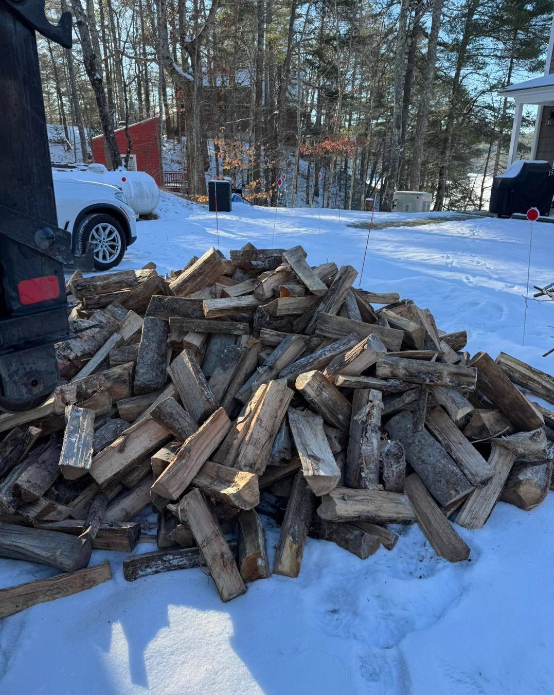 A pile of wood is sitting in the snow next to a truck.