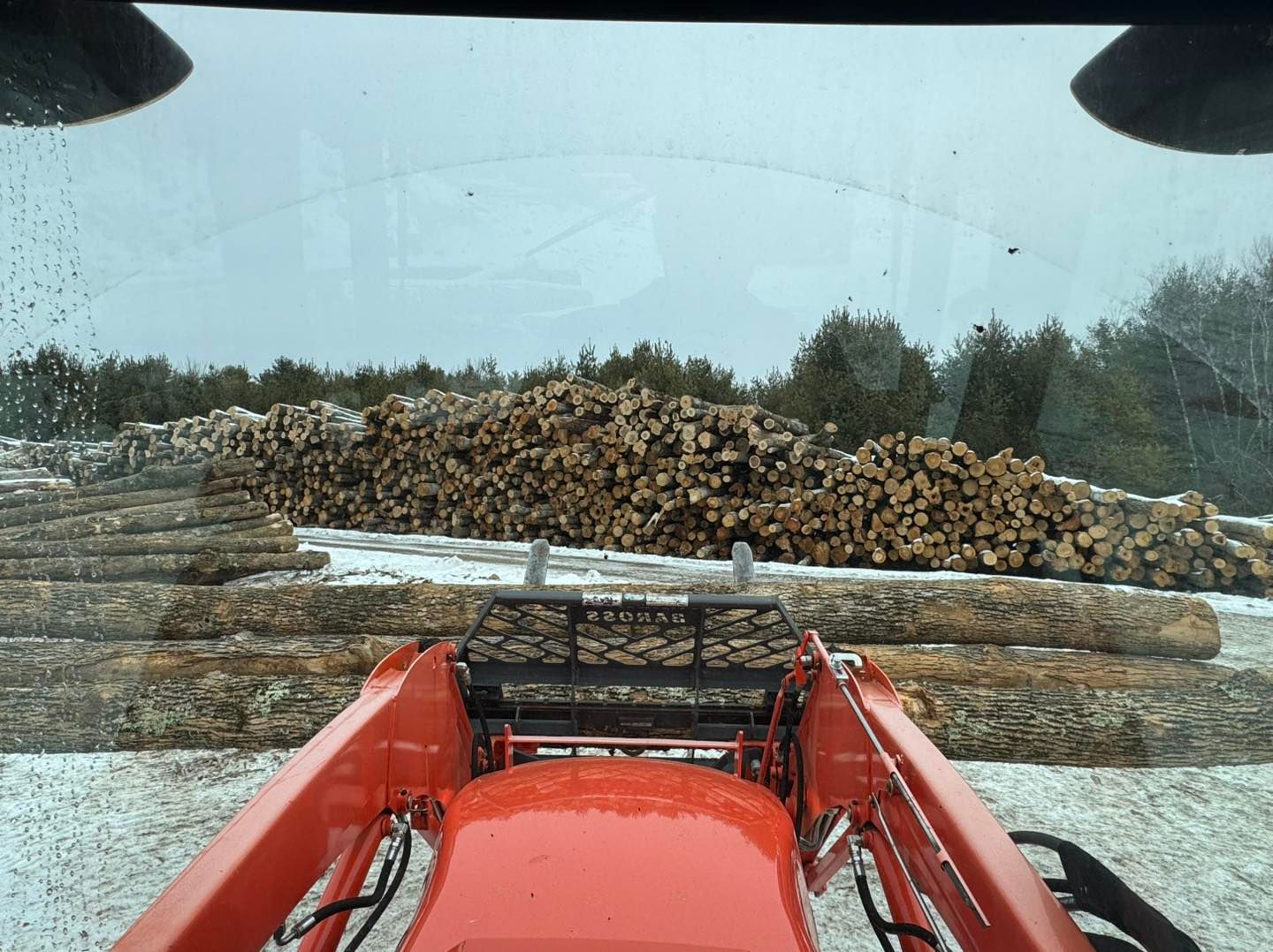 A large pile of logs is visible through the windshield of a tractor.