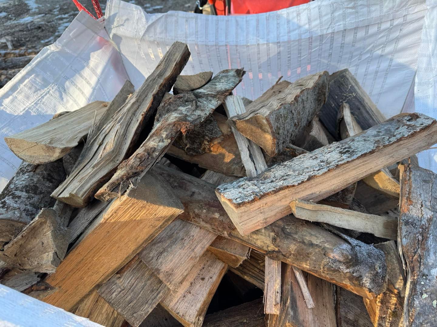 A pile of wood is sitting in a white bag.