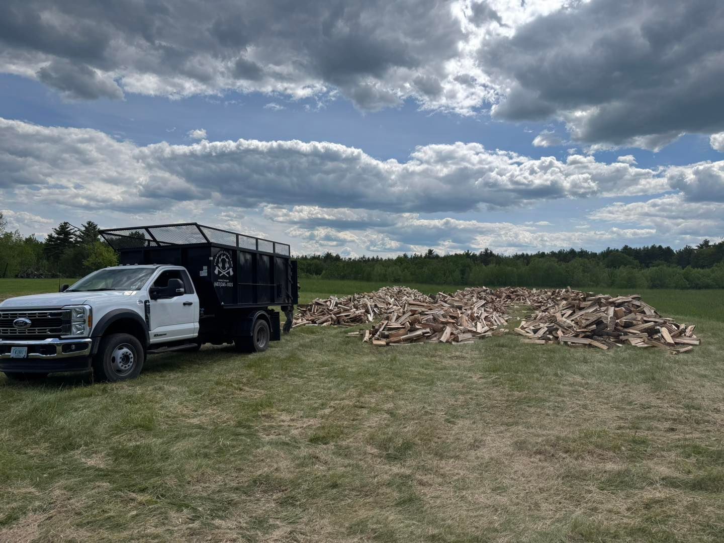 A dump truck is parked in a field next to a pile of wood.