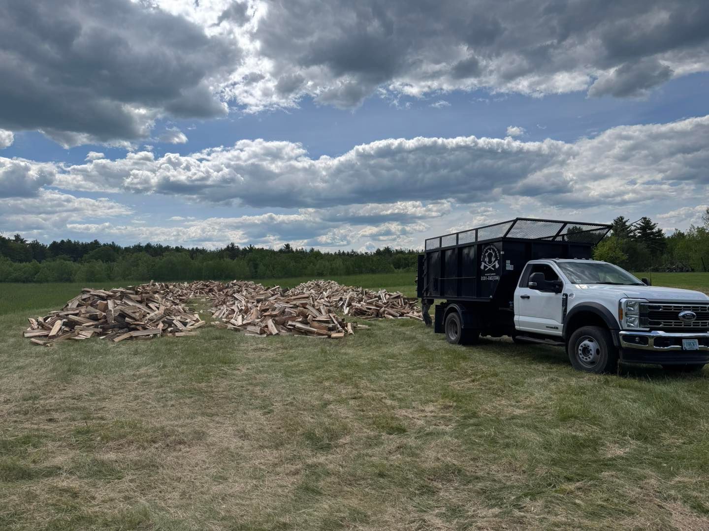 A large pile of logs with a truck in the background
