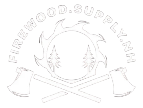 FIREWOOD.SUPPLY.NH logo with crossed axes and a stylized white wood/antler emblem on black background