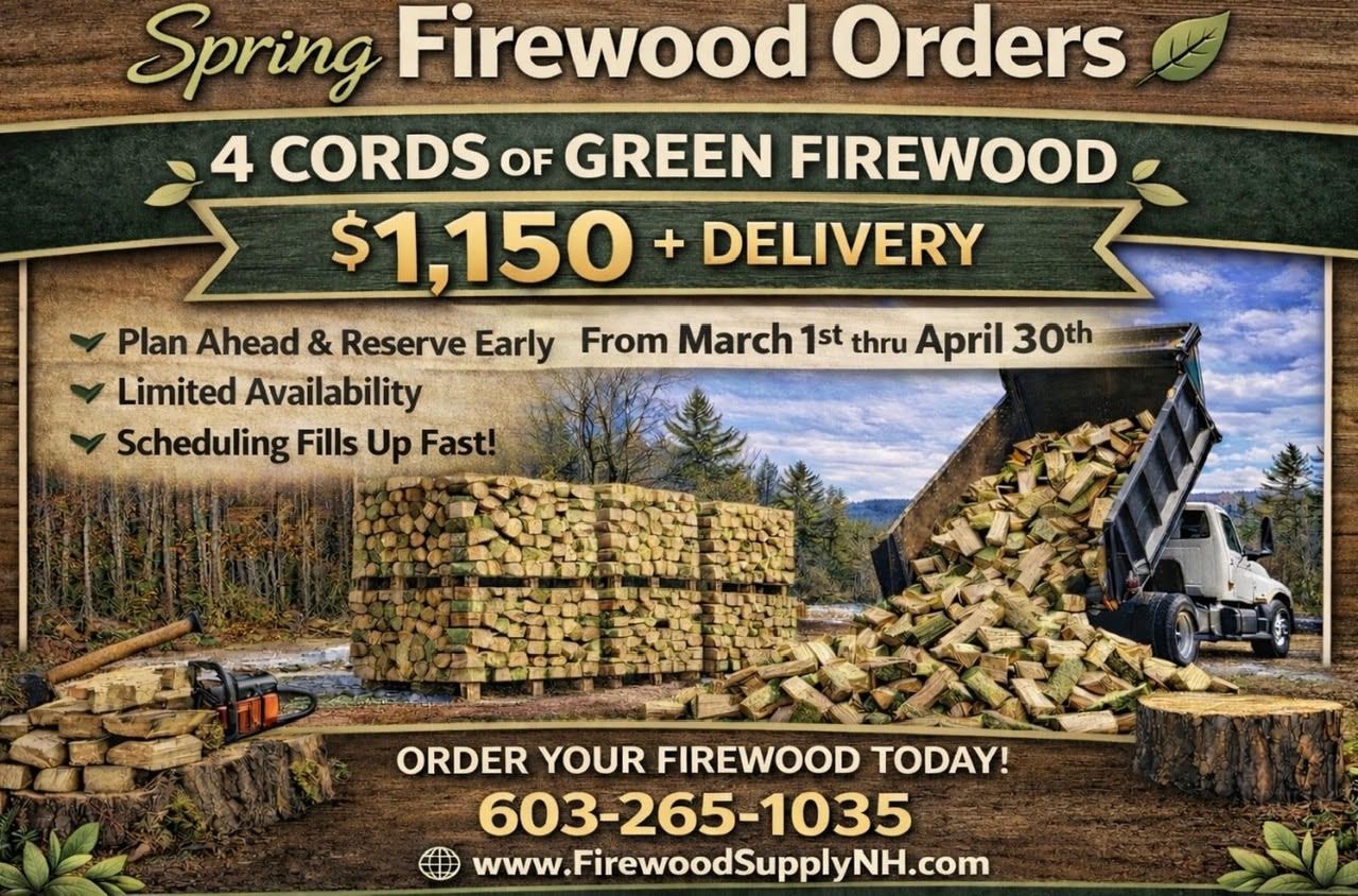 Ad for firewood: 4 cords of green firewood for $1,150 + delivery. Order by April 30th. Includes phone and website.