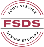 Logo for Food Service Design Studios (FSDS) featuring bold maroon text inside a circular border.