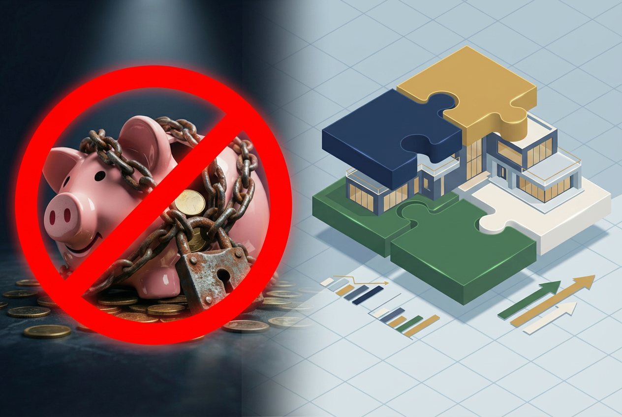 A chained piggy bank with a prohibition sign next to puzzle pieces forming a building and a graph.