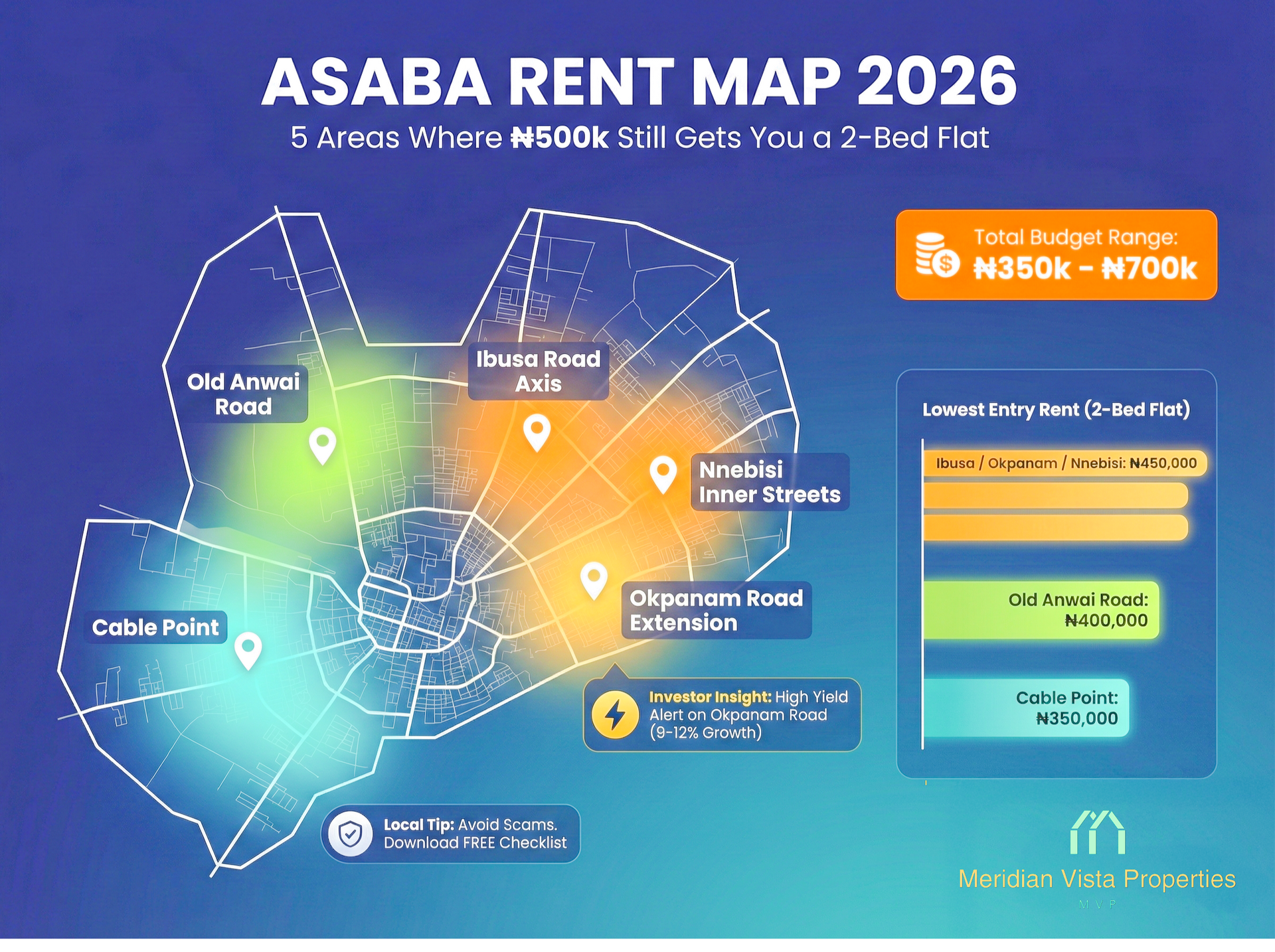 Map of Asaba, Nigeria showing areas where ₦500k can still rent a 2-bed flat in 2026.