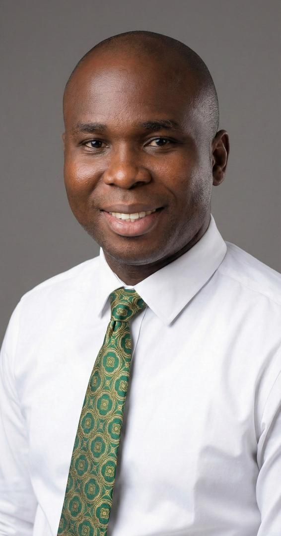 Man in white shirt and patterned green tie smiles at camera.