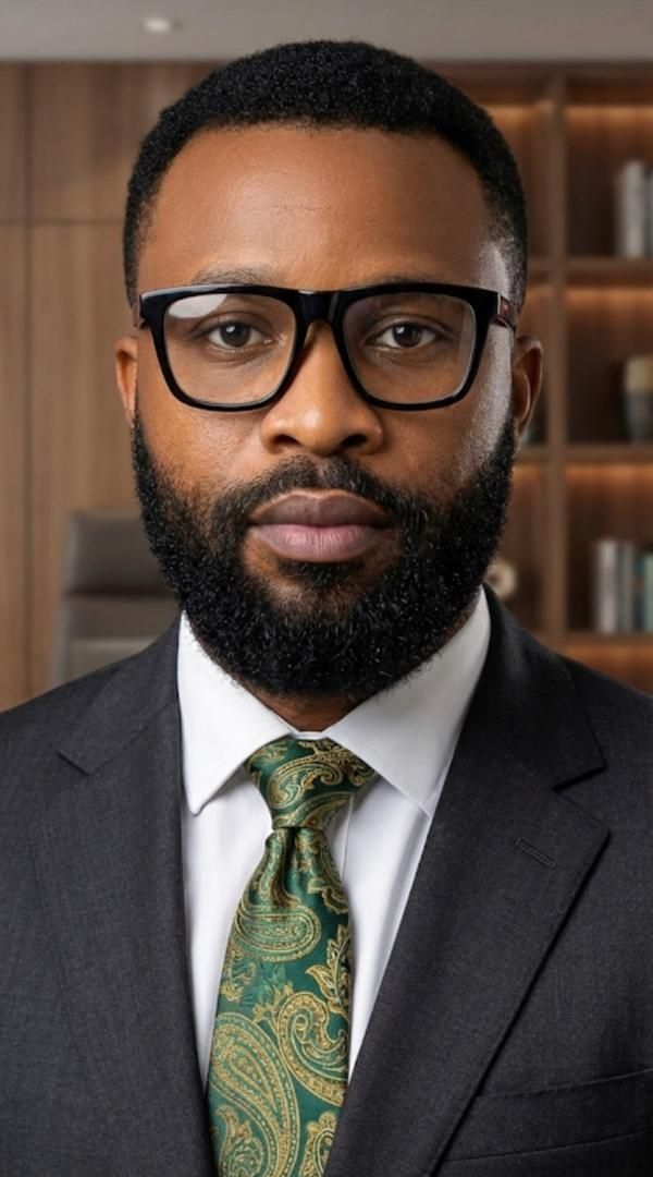 Man in suit, glasses, and patterned green tie, looking directly at the camera.
