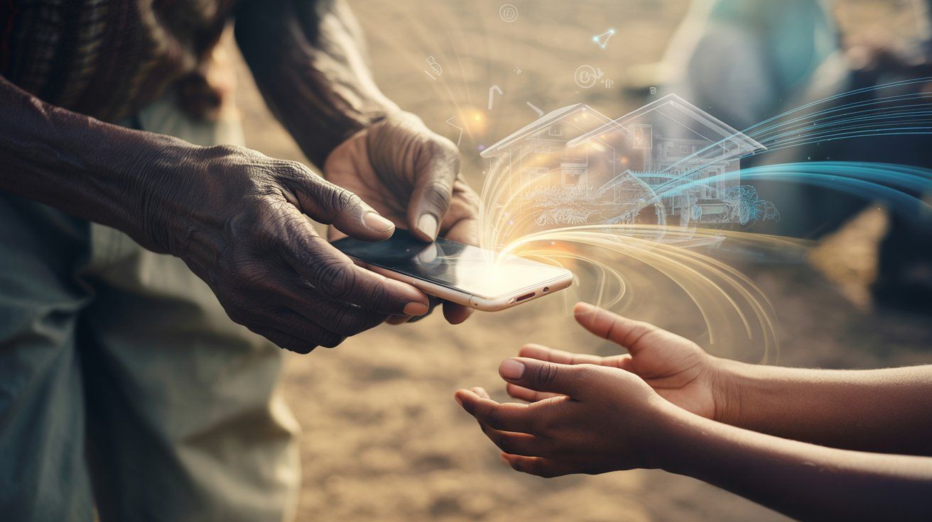 Person handing a smartphone to another person; digital beams emanate from the phone.