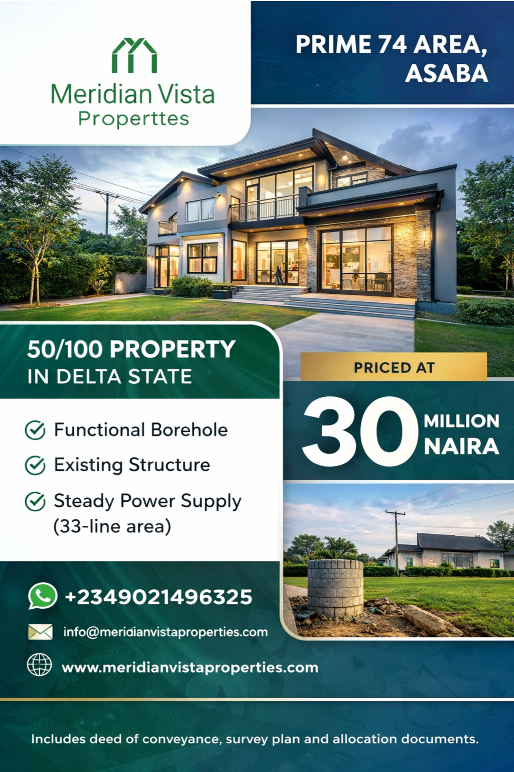 Real estate advertisement: 50/100 property in Delta State. Priced at 30 million Naira. Features: borehole, existing structure, power supply.