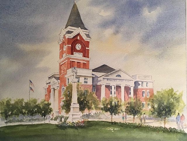 a watercolor painting of a large brick building with a clock tower .