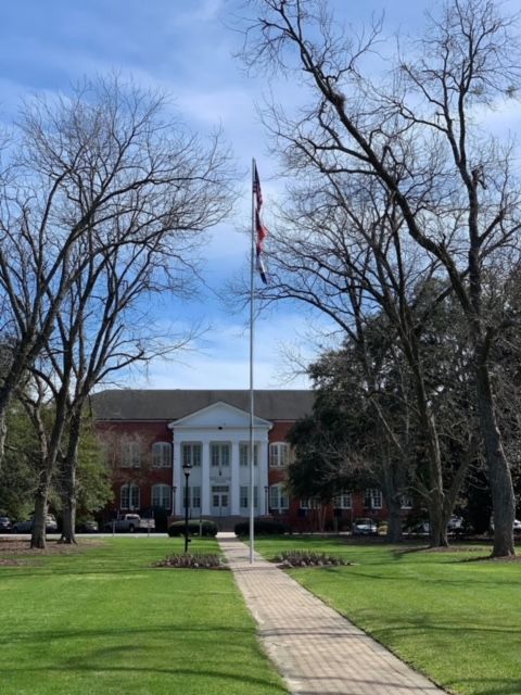 a large building with a flag pole in front of it