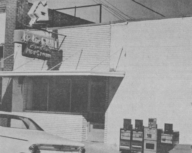 a black and white photo of a building with a sign that says ice cream