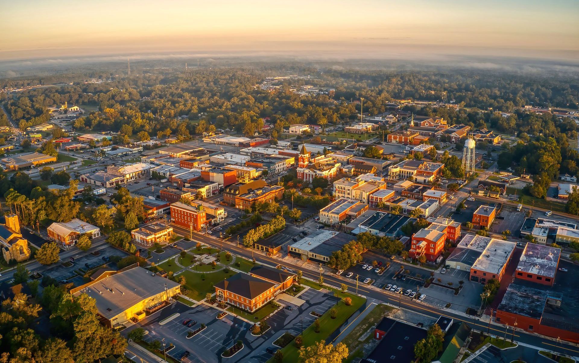 an aerial view of a Statesboro, GA at sunset .