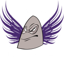 Gray bullet with angry face, purple wings.