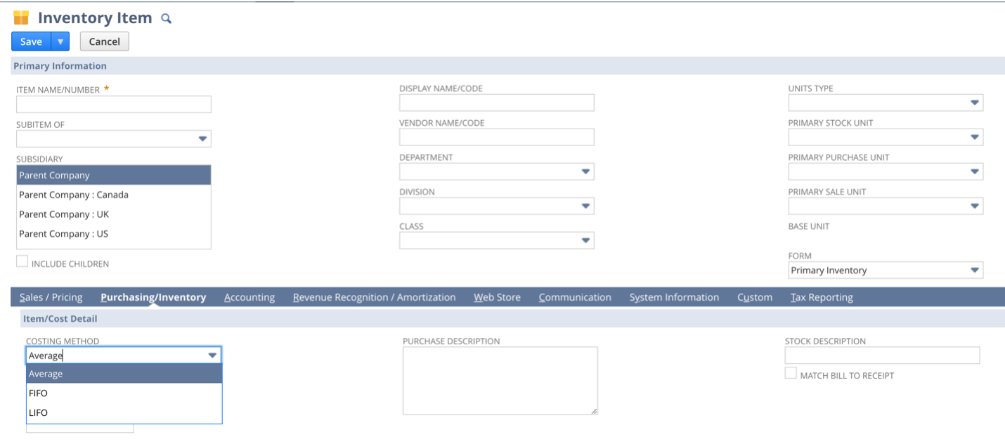 First screenshot illustrating how to select a costing method with NetSuite accounting software.