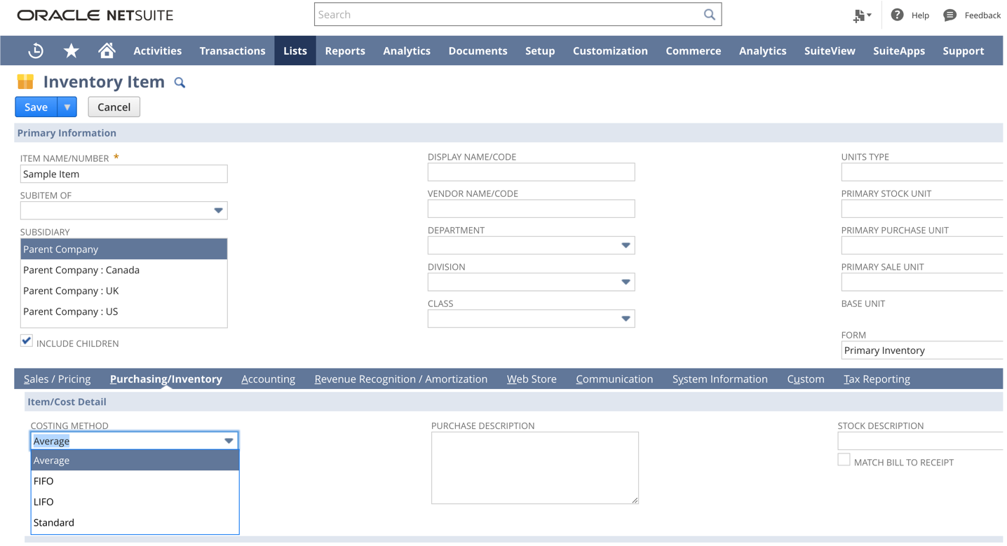 A screenshot showing the final step for selecting a costing method in NetSuite.