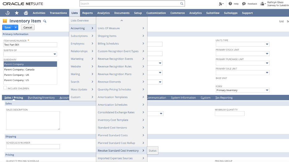 Screenshot showing how to perform a Revaluation of Standard Cost Inventory in NetSuite.
