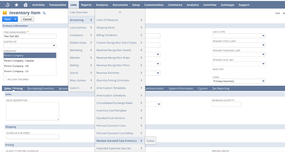 Screenshot showing how to perform a Revaluation of Standard Cost Inventory in NetSuite.