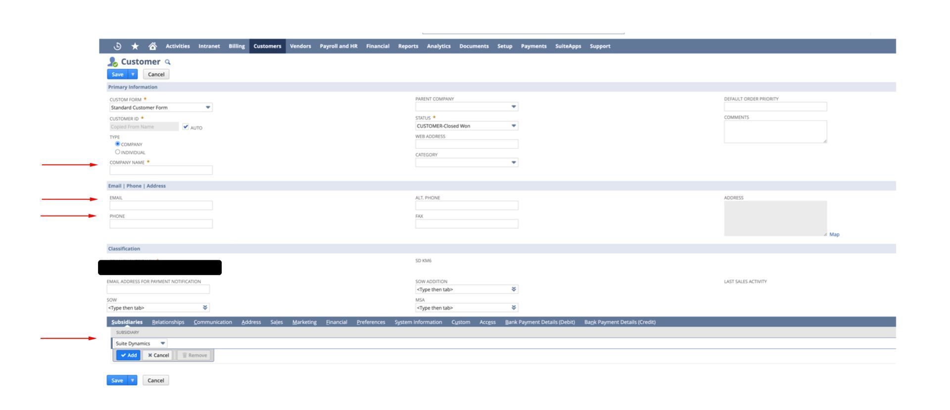 The second screenshot showing how to create a customer record in NetSuite. 