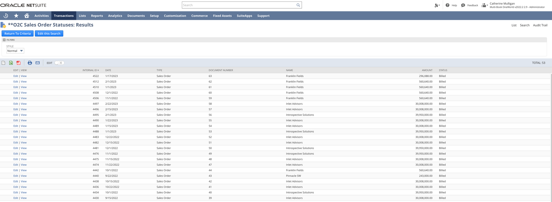 This is a screenshot example of a NetSuite saved search display sales order statuses.