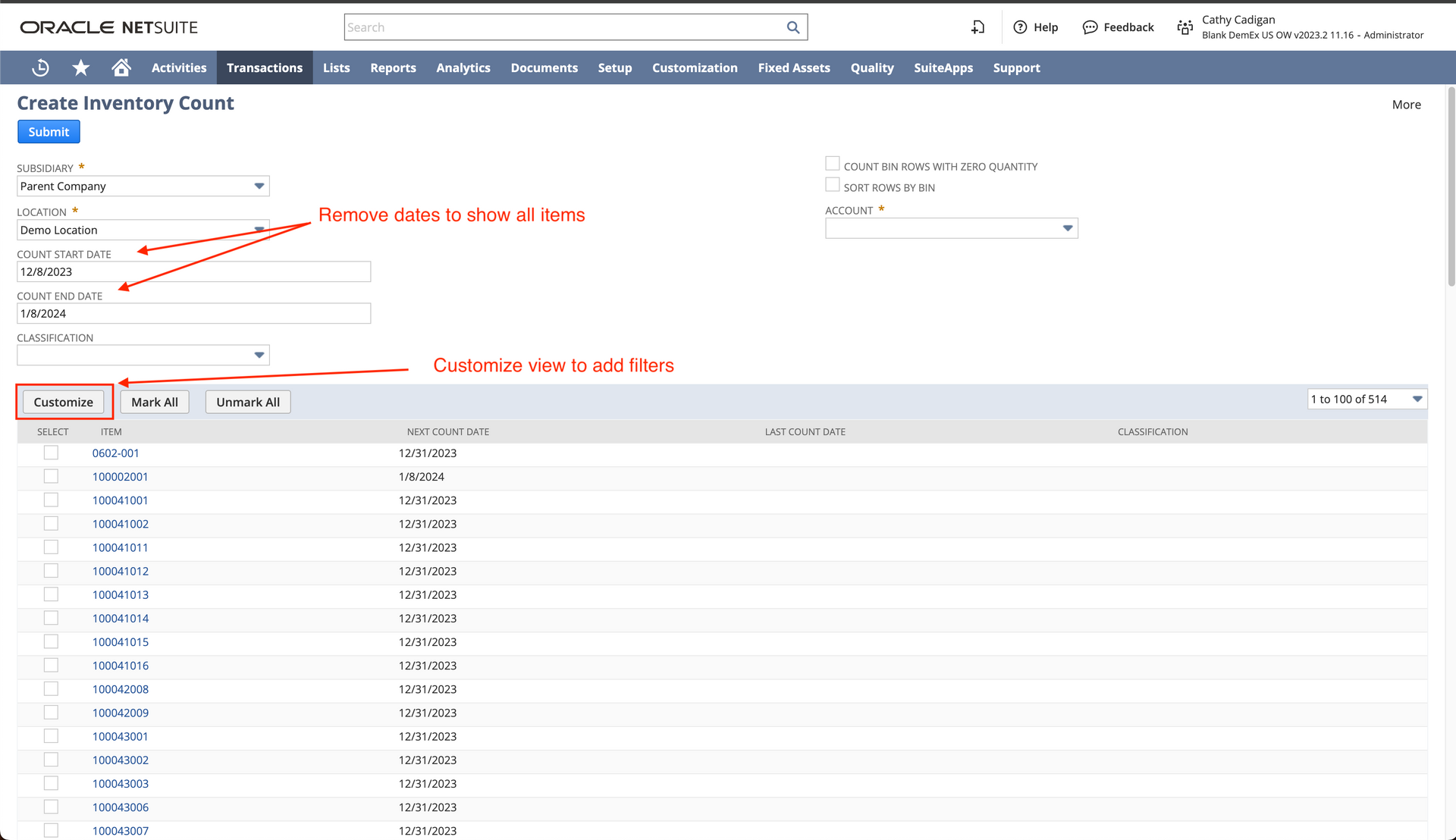 Screenshot showing a NetSuite inventory count sheet.