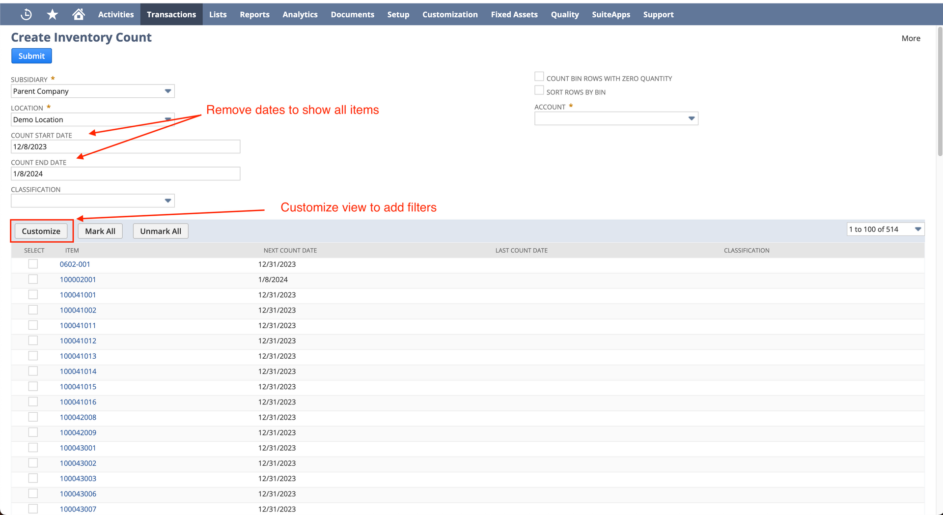 Screenshot showing a NetSuite inventory count sheet.