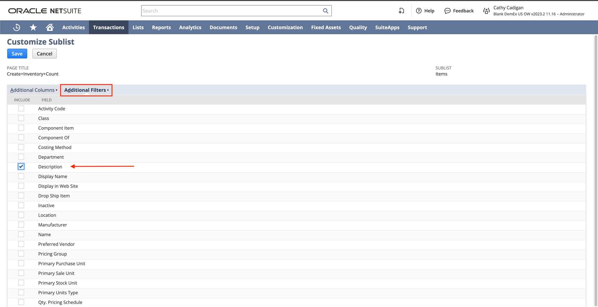 Screenshot showing how you can customize NetSuite inventory count sheets. 