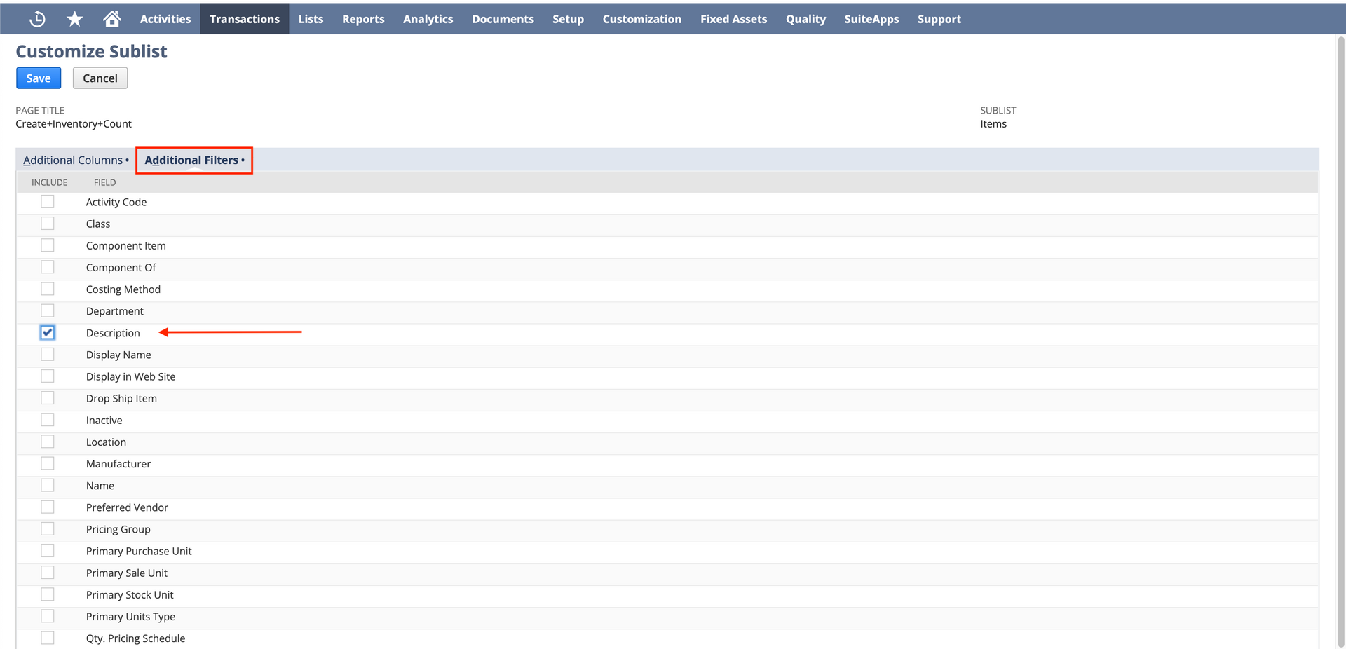 Screenshot showing how you can customize NetSuite inventory count sheets. 