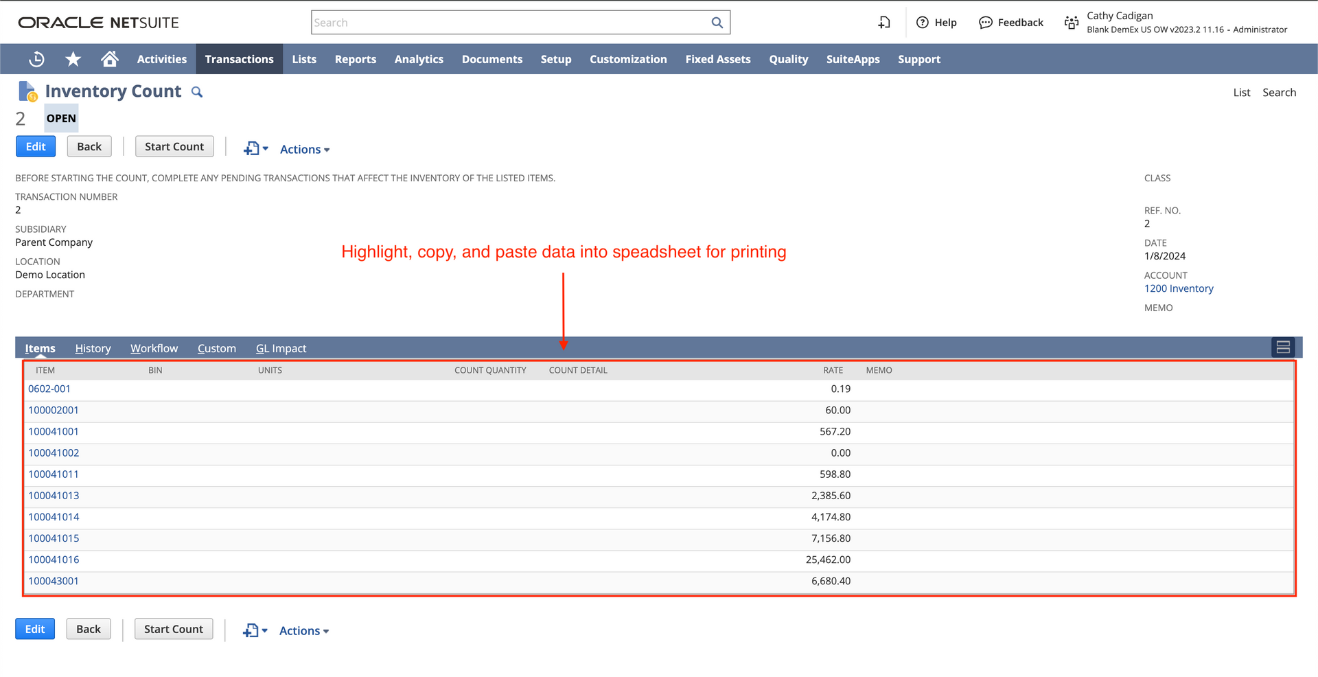 Screenshot showing what to copy and paste in NetSuite to create inventory count sheets. 