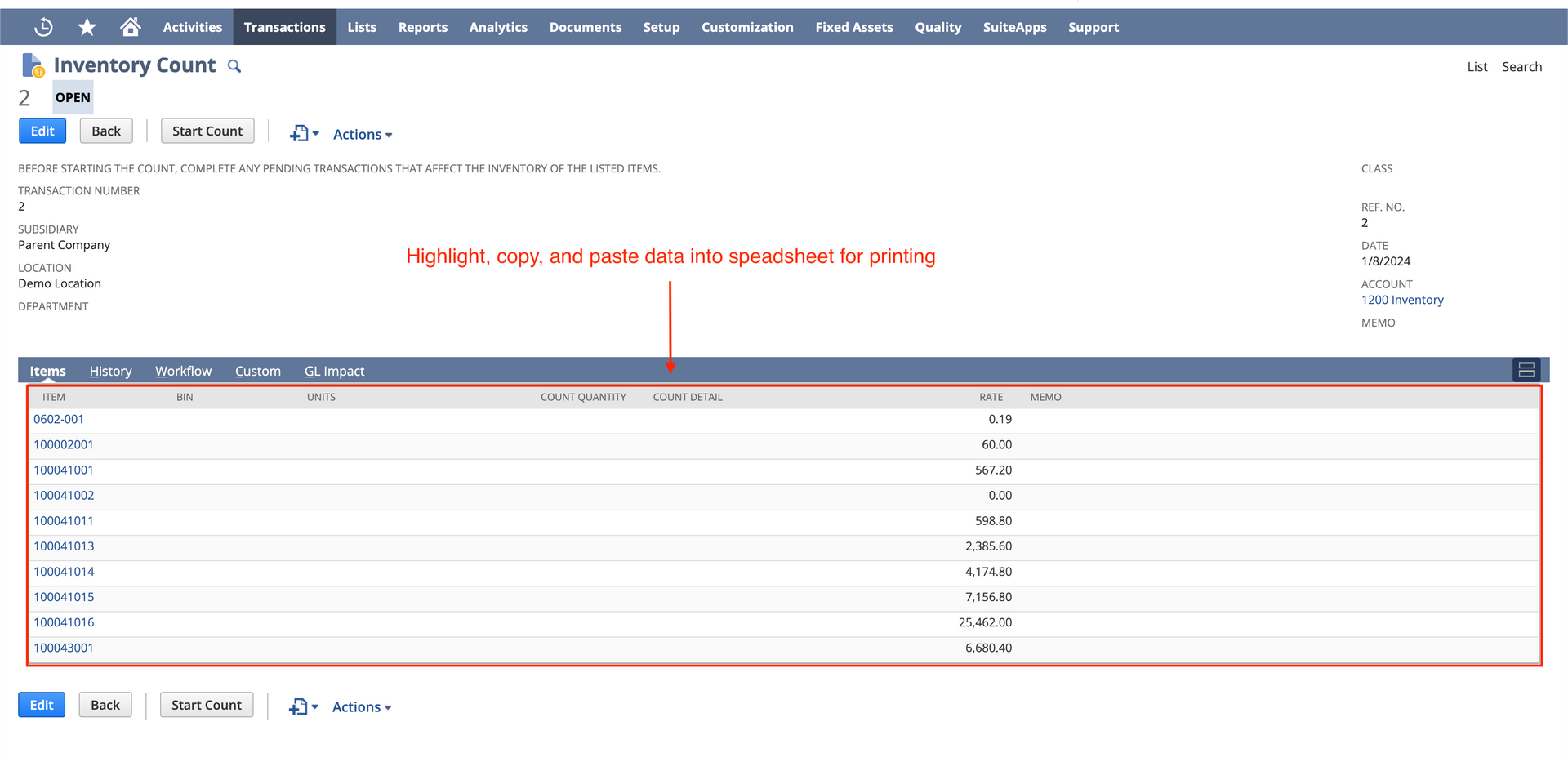 Screenshot showing what to copy and paste in NetSuite to create inventory count sheets. 