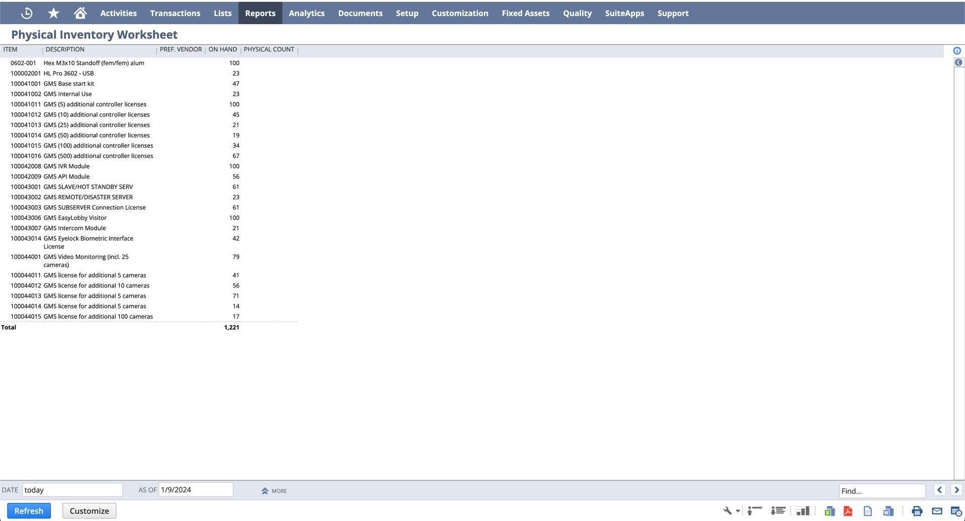 A screenshot of a native count sheet in NetSuite.