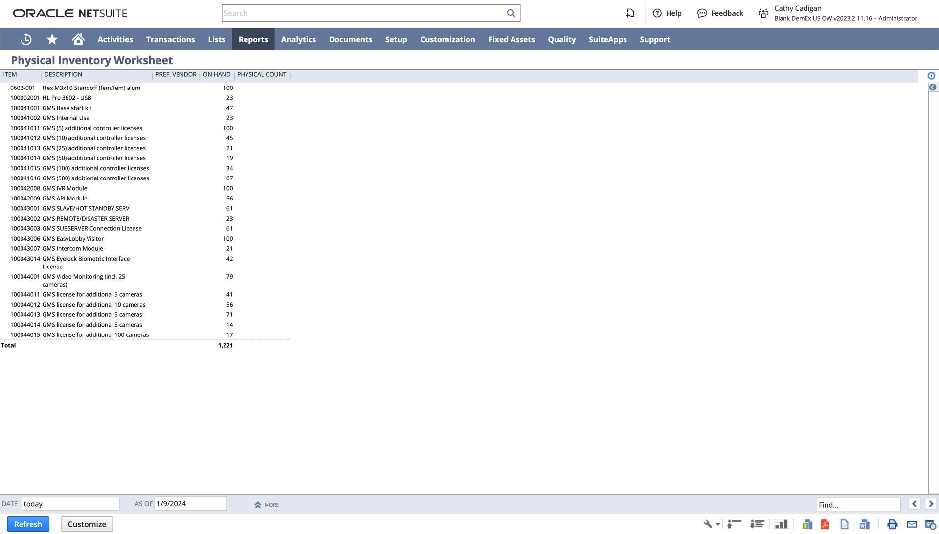 A screenshot of a native count sheet in NetSuite.