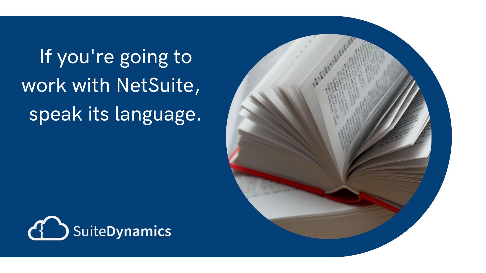 This is a graphic illustrating the concept of NetSuite terminology. It features two open dictionaries.