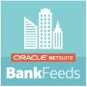 A logo for Oracle Netsuite Bank Feeds with a picture of buildings on a blue background.